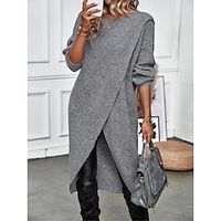 Women's Sweater Dress Jumper Dress Casual Dress Midi Dress Warm Plain Outdoor Daily Going out Crew Neck Long Sleeve 2023 Regular Fit Black Green khaki S M L XL XXL 3XL miniinthebox - thumbnail