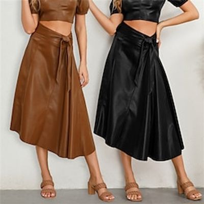 Women's Skirt A Line Swing Midi Faux Leather Black Brown Skirts Fall  Winter Fashion Casual Street Daily S M L miniinthebox