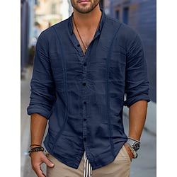 Men's Shirt Linen Shirt Guayabera Shirt Button Up Shirt Summer Shirt Beach Shirt White Navy Blue Blue Long Sleeve Plain Band Collar Spring Summer Casual Daily Clothing Apparel Lightinthebox