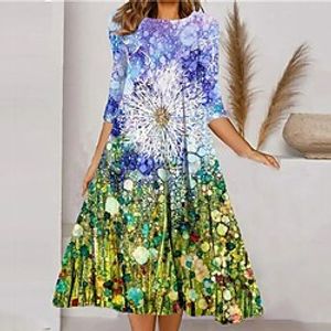 Women's Shift Dress Midi Dress Green Blue Yellow 3/4 Length Sleeve Floral Print Ruched Print Fall Winter Round Neck Casual Vacation 2022 S M L XL XXL 3XL miniinthebox