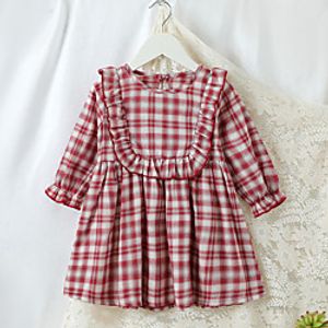 1 PC Baby Girls' Vintage Streetwear Dress Red Plaid Ruched Ruffle non-printing Long Sleeve Above Knee Dress Wine miniinthebox