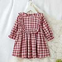 1 PC Baby Girls' Vintage Streetwear Dress Red Plaid Ruched Ruffle non-printing Long Sleeve Above Knee Dress Wine miniinthebox - thumbnail