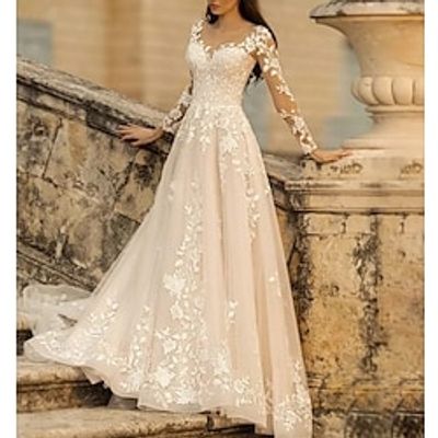 Beach Formal Wedding Dresses A-Line V Neck Long Sleeve Sweep  Brush Train Lace Bridal Gowns With Flower Solid Color 2023 Lightinthebox