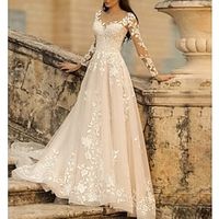 Beach Formal Wedding Dresses A-Line V Neck Long Sleeve Sweep  Brush Train Lace Bridal Gowns With Flower Solid Color 2023 Lightinthebox - thumbnail