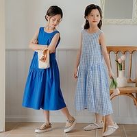 Kids Girls' Dress Solid Color Sleeveless Formal Performance Party Fashion Cute Polyester Summer Spring Fall 2-12 Years Blue model Plaid style Lightinthebox