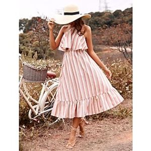 Women's Trumpet / Mermaid Dress Midi Dress Pink Sleeveless Striped Ruffle Print Summer Halter Neck Vacation Classic 2022 S M L XL miniinthebox