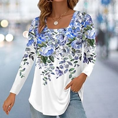 Women's T shirt Tee Floral Pink Blue Purple Print Long Sleeve Casual Holiday Fashion Square Neck Regular Fit Spring   Fall Lightinthebox