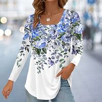Women's T shirt Tee Floral Pink Blue Purple Print Long Sleeve Casual Holiday Fashion Square Neck Regular Fit Spring   Fall Lightinthebox - thumbnail