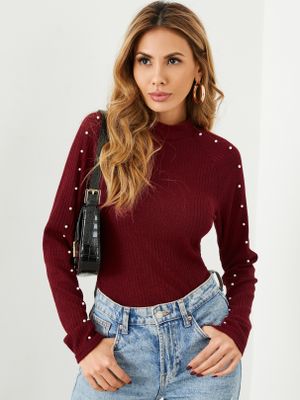 YOINS Handmade Beaded Details Mock Neck Long Sleeves Ribbed Knitwear YOINS Handmade Beaded Details Mock Neck Long Sleeves Ribbed Knitwear