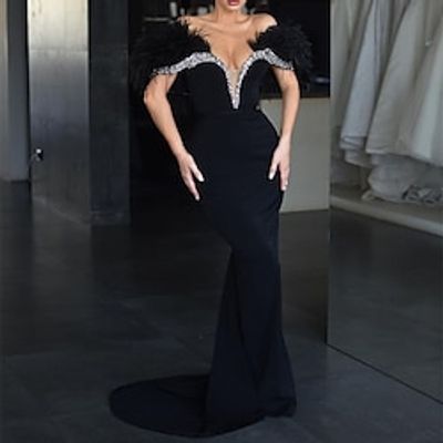 Mermaid  Trumpet Evening Gown Black Dress Dress Formal Masquerade Sweep  Brush Train Sleeveless Off Shoulder Stretch Fabric with Rhinestone Feather 2023 Lightinthebox