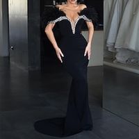 Mermaid  Trumpet Evening Gown Black Dress Dress Formal Masquerade Sweep  Brush Train Sleeveless Off Shoulder Stretch Fabric with Rhinestone Feather 2023 Lightinthebox - thumbnail