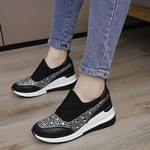 Women's Slip-Ons Plus Size Outdoor Daily Rhinestone Platform Wedge Heel Round Toe Elegant Casual Walking Shoes Faux Leather Loafer Color Block Black White Pink Lightinthebox