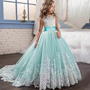 Kids Little Girls' Dress Lace Floral Princess Party Formal Evening Wedding Pageant Embroidery Bow White Purple Red Tulle Maxi Sleeveless Elegant Vintage Ball Gown Dresses Fit 4-13 Years miniinthebox