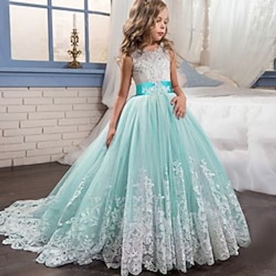 Kids Little Girls' Dress Lace Floral Princess Party Formal Evening Wedding Pageant Embroidery Bow White Purple Red Tulle Maxi Sleeveless Elegant Vintage Ball Gown Dresses Fit 4-13 Years miniinthebox