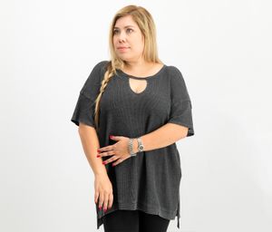 Plus Size Waffle-Knit Keyhole Asymmetrical-Hem Top  Slate Heather