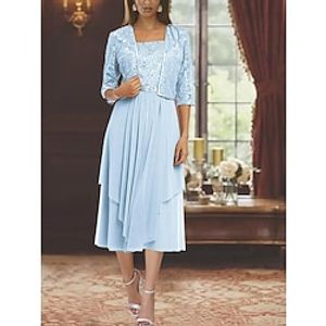 Two Piece A-Line Mother of the Bride Dress Formal Wedding Guest Elegant Square Neck Tea Length Chiffon Lace 34 Length Sleeve Wrap Included with Pleats 2023 Lightinthebox