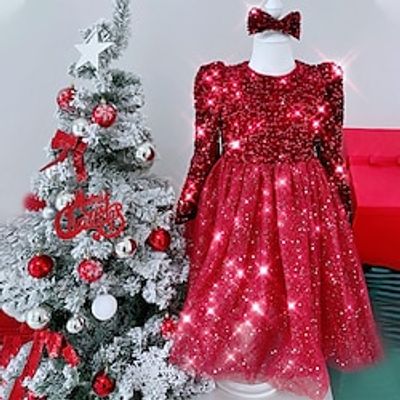 Kids Girls' Party Dress Solid Color Sequin Long Sleeve Graduation Pegeant Sequins Daily Princess Beautiful Cotton Midi Party Dress Spring Fall Winter 2-8 Years Red Lightinthebox