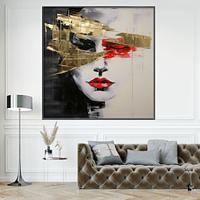 Hand Painted Woman Portrait Gold Textured Painting Handmade Girl Face Red Lips Wall Decor Living Room Office Wall Art Home Decor Stretched Frame Ready to Hang Lightinthebox