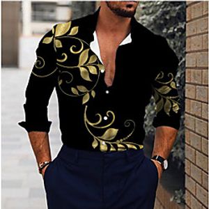 Men's Shirt 3D Print Leaves Turndown Daily Holiday 3D Print Button-Down Long Sleeve Tops Casual Fashion Breathable Black miniinthebox