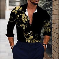 Men's Shirt 3D Print Leaves Turndown Daily Holiday 3D Print Button-Down Long Sleeve Tops Casual Fashion Breathable Black miniinthebox - thumbnail