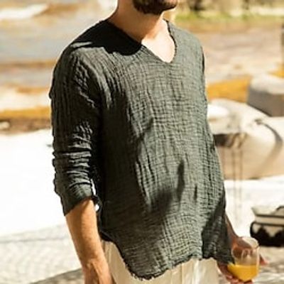 Men's Linen Shirt Summer Shirt Beach Shirt Dark Gray Long Sleeve Plain V Neck Spring  Summer Casual Daily Clothing Apparel Lightinthebox