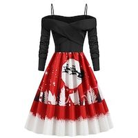 Women's Christmas Swing Dress Knee Length Dress Black And White Light Red Red Black Long Sleeve Elk Snowman Tree Patchwork Print Fall Winter Spaghetti Strap Stylish Romantic Lightinthebox - thumbnail