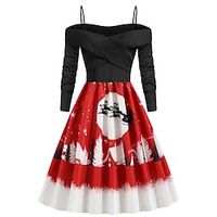 Women's Christmas Swing Dress Knee Length Dress Black And White Light Red Red Black Long Sleeve Elk Snowman Tree Patchwork Print Fall Winter Spaghetti Strap Stylish Romantic Lightinthebox - thumbnail