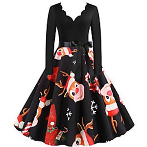 Women's A Line Dress Knee Length Dress Wine Green Orange Black Red Brown Navy Blue Long Sleeve Print Bow Print Fall Winter V Neck Casual Vintage Christmas 2021 S M L XL XXL 3XL miniinthebox