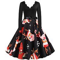 Women's A Line Dress Knee Length Dress Wine Green Orange Black Red Brown Navy Blue Long Sleeve Print Bow Print Fall Winter V Neck Casual Vintage Christmas 2021 S M L XL XXL 3XL miniinthebox - thumbnail