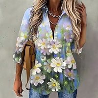 Women's Shirt Blouse Blue Floral Button Print Long Sleeve Casual Holiday Basic Shirt Collar Regular Floral S Lightinthebox - thumbnail