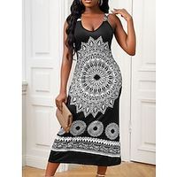 Women's A Line Dress Midi Dress Black Long Sleeve Print Print Spring Summer U Neck Modern 2022 M L XL 2XL 3XL  Sleeveless Lightinthebox - thumbnail