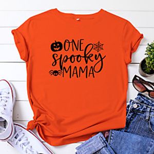 Women's Halloween T shirt Graphic Ghost Letter Print Round Neck Basic Halloween Tops 100% Cotton Yellow Wine Orange miniinthebox
