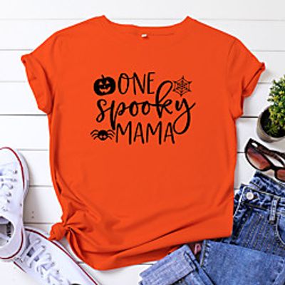 Women's Halloween T shirt Graphic Ghost Letter Print Round Neck Basic Halloween Tops 100% Cotton Yellow Wine Orange miniinthebox