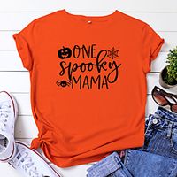 Women's Halloween T shirt Graphic Ghost Letter Print Round Neck Basic Halloween Tops 100% Cotton Yellow Wine Orange miniinthebox - thumbnail