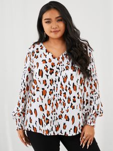 YOINS Plus Size V-neck Leopard Long Sleeves Blouse
