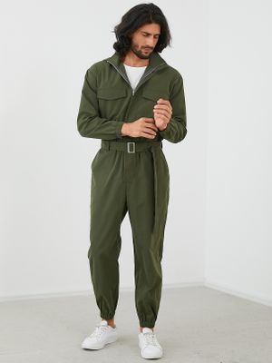 Men Zipper Up Lapel Neck Long Sleeve Belted Overalls Jumpsuit