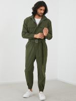 Men Zipper Up Lapel Neck Long Sleeve Belted Overalls Jumpsuit - thumbnail