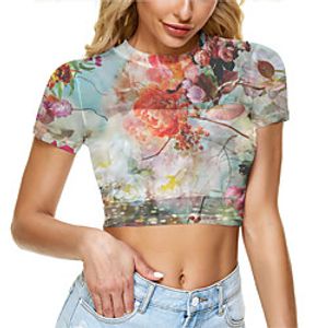 Women's Crop Tshirt Floral Graphic Mesh Print Round Neck Tops Basic Basic Top Purple Red Yellow miniinthebox