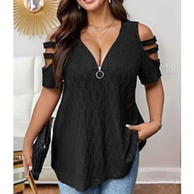 Women's T shirt Tee Textured Plain Black Khaki Cut Out Quarter Zip Short Sleeve Daily Weekend Fashion V Neck Regular Fit Summer Lightinthebox