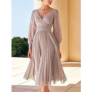 A-Line Mother of the Bride Dress Wedding Guest Elegant Petite V Neck Knee Length Chiffon Long Sleeve with Crystals Ruching 2023 Lightinthebox