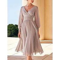 A-Line Mother of the Bride Dress Wedding Guest Elegant Petite V Neck Knee Length Chiffon Long Sleeve with Crystals Ruching 2023 Lightinthebox - thumbnail