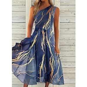 Women's Casual Dress Chiffon Dress Midi Dress Dark Blue Sleeveless Color Block Cold Shoulder Summer Spring One Shoulder Stylish 2023 S M L XL XXL miniinthebox