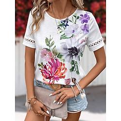 Women's T shirt Tee Floral Striped Daily Weekend Lace Print White Short Sleeve Fashion Crew Neck Summer Lightinthebox