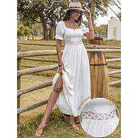 Women's White Dress Midi Dress Cotton Lace Hollow Out Solid Vacation Square Neck Short Sleeve Summer White Lightinthebox