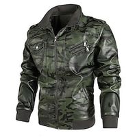 Men's Biker Jacket Faux Leather Jacket Outdoor Daily Wear Warm Zipper Pocket Fall Winter Plain Fashion Streetwear Lapel Regular Blue Army Green Grey Jacket Lightinthebox - thumbnail