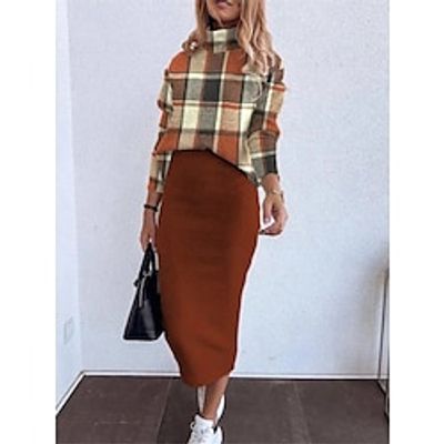 Women's Two Piece Dress Set Casual Dress Skirt Set Outdoor Daily Fashion Modern Print Midi Dress Turtleneck Long Sleeve Plaid Regular Fit Brown Fall Winter S M L XL XXL Lightinthebox