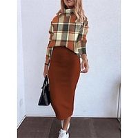 Women's Two Piece Dress Set Casual Dress Skirt Set Outdoor Daily Fashion Modern Print Midi Dress Turtleneck Long Sleeve Plaid Regular Fit Brown Fall Winter S M L XL XXL Lightinthebox - thumbnail