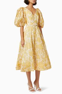 Postcard Puff Sleeve Midi Dress in Linen