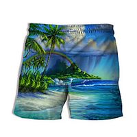 Men's Casual Designer Quick Dry Breathable Beach Swimming Pool Bermuda shorts Board Shorts Burmuda Shorts Pants Graphic Prints Landscape Coconut Tree Short 3D Print Drawstring Elastic Waist Blue Lightinthebox - thumbnail