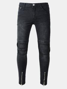 Biker Fold Holes Zipper Slim Ripped Jeans